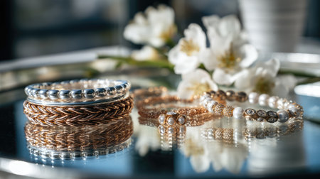 This image showcases an elegant collection of silver and gold bracelets paired with delicate pearls, set against a floral backdrop on a reflective surface.の素材