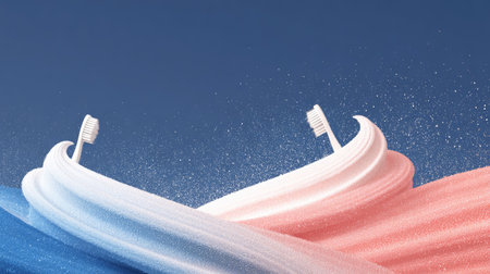 This vibrant image showcases colorful swirls of toothpaste with toothbrushes, representing fresh oral hygiene. Perfect for promoting dental health and care.の素材