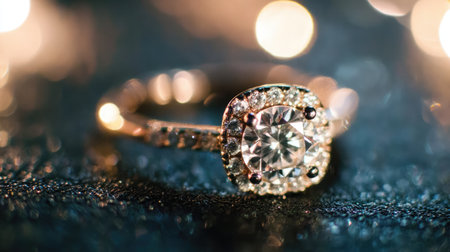 This stunning image showcases an elegant diamond ring with intricate details, set against a dark surface. The soft bokeh lights create a romantic vibe, enhancing the beauty of the ring. Perfect for themes of love and luxury.の素材