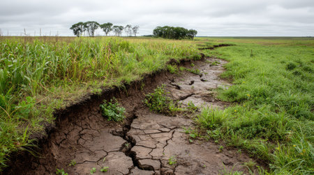 A striking image of a cracked soil landscape showcases the impact of drought on agriculture. The contrasting green grass and trees in the background highlight environmental changes.の素材