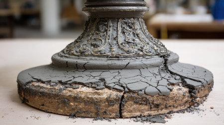A close-up image depicting a cracked decorative base with intricate detailing and a weathered finish, showcasing the beauty of artisan craftsmanship.の素材
