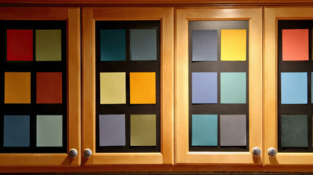 A visually appealing arrangement of colorful swatches mounted on wooden cabinets, ideal for interior design projects and home decoration ideas.の素材