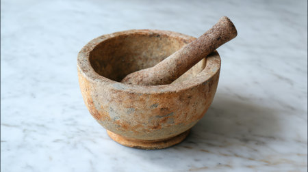 This rustic stone mortar and pestle set sits elegantly on a marble surface, embodying traditional cooking methods and culinary artistry. Perfect for food enthusiasts.の素材