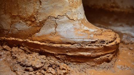 This close-up image captures the intricate textures and earthy tones of a cracked clay surface, showcasing nature's artistry in a rustic setting.の素材