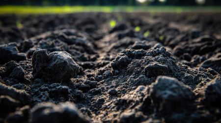 This close-up image showcases rich, dark soil with textured clumps, capturing the essence of an agricultural field and hints of light in the background.の素材