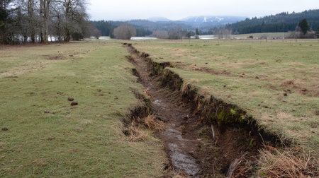 A notable deep crack in the earth traverses a quiet agricultural field with scenic mountains in the distance under a cloudy sky, showcasing nature's force.の素材