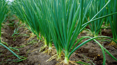 A close-up view of vibrant green onions growing in rich, dark soil, showcasing the healthy plants thriving in a sunny agricultural field environment.の素材