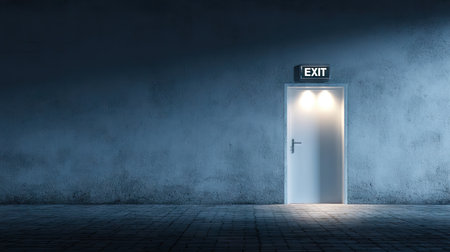An open door with an illuminated exit sign stands out against a dimly lit background, creating an ambiance of mystery and exploration.の素材
