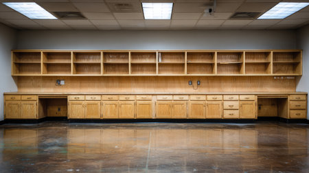 A spacious room featuring empty wooden storage cabinets and counters, accented by natural light, creating a clean and functional workspace atmosphere.の素材