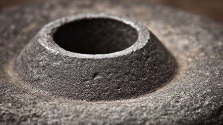 This image features a close-up view of a rustic metallic object with a circular hollow center, showcasing intricate textures and patterns against a dark background.の素材