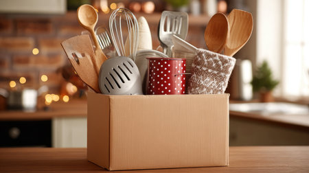 A collection of kitchen utensils including spoons, a whisk, and measuring tools arranged in a cardboard box, set against a warm, inviting kitchen backdrop.の素材