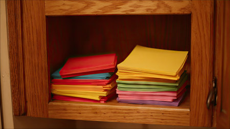 Brightly colored sticky notes neatly arranged on a wooden shelf. Ideal for organizing tasks and inspiring creativity in both office and home environments.の素材