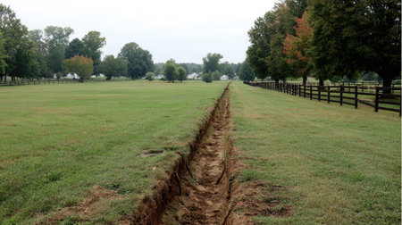 A freshly dug trench runs through an expansive green field bordered by trees and a wooden fence, set under a cloudy sky. Ideal for illustrating excavation projects.の素材