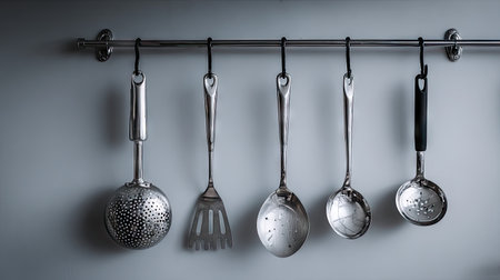 A striking arrangement of shiny stainless steel kitchen utensils elegantly displayed on a sleek rack, perfect for enhancing culinary creativity and organization in any modern kitchen space.の素材