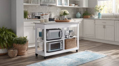 A sleek modern kitchen cart featuring open shelves and essential appliances, enhancing functionality and style in a bright, inviting kitchen space.の素材