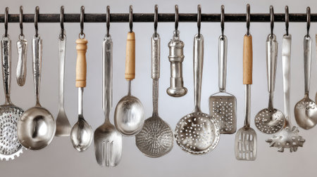 A stylish display of various kitchen utensils hanging neatly on a rack, perfect for culinary enthusiasts and chefs seeking organization and aesthetic appeal.の素材
