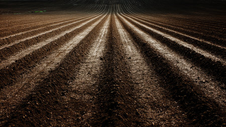 A serene view of freshly plowed soil forming neat rows, showcasing the beauty of agricultural preparation. The image captures the essence of farming and nature's rhythm.の素材
