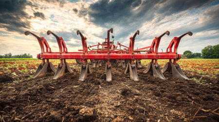 A striking view of agricultural equipment actively cultivating soil in a vibrant field under a dynamic sky, perfect for showcasing farming practices and technology.の素材