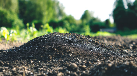 A vivid close-up of a mound of dark rich soil in a lush garden. Surrounded by greenery, this image captures the essence of nature's abundance and fertility.の素材