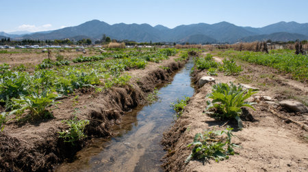 A serene agricultural scene showing a small stream flowing through a verdant field with crops, framed by majestic mountains under a clear blue sky.の素材