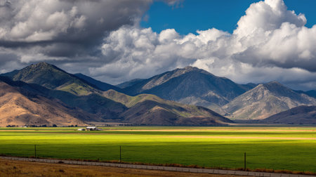 This captivating image depicts an expansive green valley nestled among impressive mountains under a dramatic sky, showcasing natural beauty and tranquility.の素材