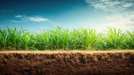 A vibrant scene showcasing lush green grass growing on rich soil under a clear blue sky dotted with white clouds. This image evokes feelings of tranquility, nature, and growth.の素材