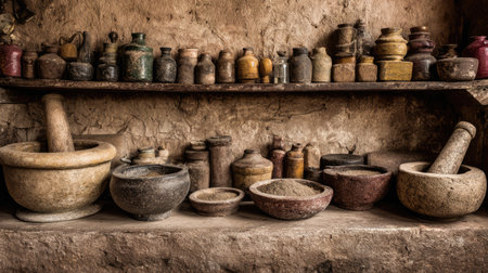 Explore a rustic kitchen shelf adorned with vintage jars, bowls, and stone mortars that reflect a traditional culinary heritage and evoke a warm, earthy ambiance.の素材