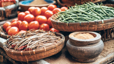 A vibrant display of fresh organic vegetables and spices arranged in traditional baskets at a local market, showcasing color and texture.の素材
