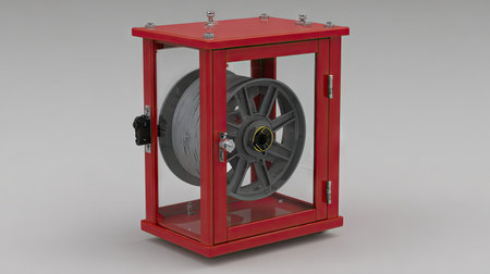 This red fire safety hose reel features a transparent protective cover, designed for easy access and efficient storage of emergency hoses.の素材
