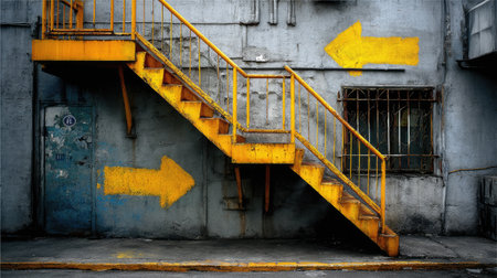 A striking image featuring yellow stairs against a textured wall, with directional arrows hinting at urban exploration and architectural detail.の素材