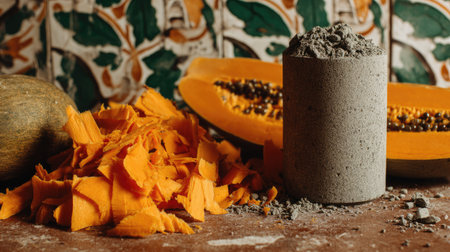A visually appealing arrangement featuring orange pumpkin shavings and gray powder, complemented by a whole pumpkin in a rustic kitchen setting.の素材