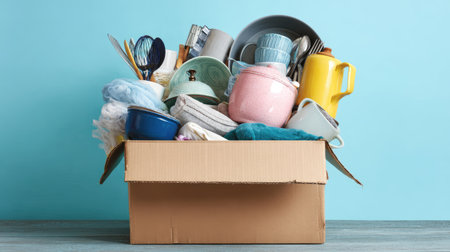 A large cardboard box brimming with various kitchen utensils and dishware sits against a soothing blue background, perfect for illustrations of moving or organization.の素材