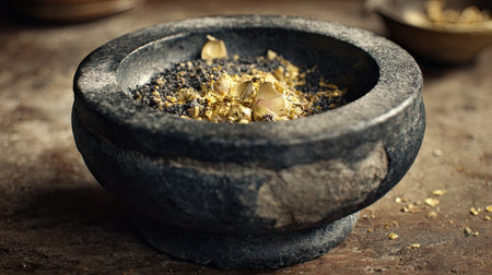 A beautifully crafted stone bowl filled with spices and golden flakes rests on a rustic wooden surface, showcasing natural textures and culinary artistry.の素材