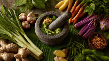 A stone mortar filled with vibrant green herbal paste sits at the center, surrounded by colorful fresh vegetables and herbs, showcasing healthy cooking.の素材