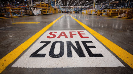 A clear "Safe Zone" sign painted on the floor of an industrial warehouse, emphasizing safety protocols for worker protection and spatial awareness within the facility.の素材