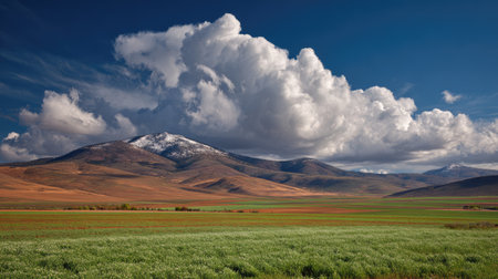 A breathtaking view of rolling hills under a dramatic sky adorned with clouds, showcasing snow-capped peaks in the background and lush greenery in the foreground.の素材