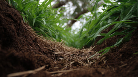 A close-up view of rich brown soil surrounded by green grass blades, showcasing the beauty of nature and agriculture in a serene landscape.の素材