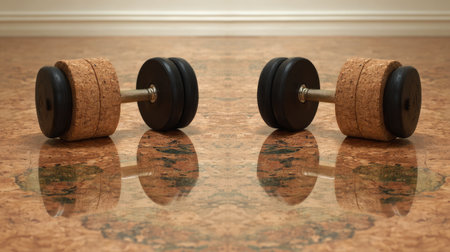 A pair of stylish dumbbells rests on a polished cork floor, creating a striking visual in a fitness space. The reflective surface enhances the room's modern aesthetic.の素材