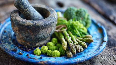A stunning arrangement featuring fresh asparagus and broccoli beside a rustic stone mortar and pestle. Perfect for culinary inspiration and healthy cooking.の素材