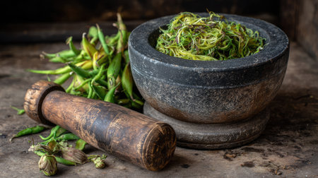 This image captures fresh green ingredients in a traditional mortar and pestle, highlighting the rustic charm and organic essence of food preparation.の素材
