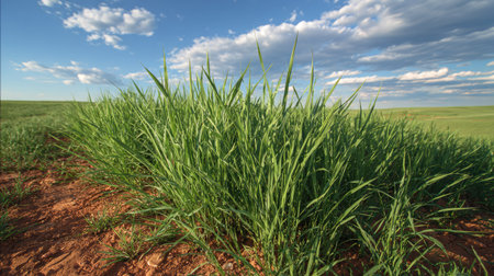 A vibrant patch of lush green grass stretches across the foreground under a bright blue sky dotted with fluffy white clouds, showcasing the beauty of nature.の素材