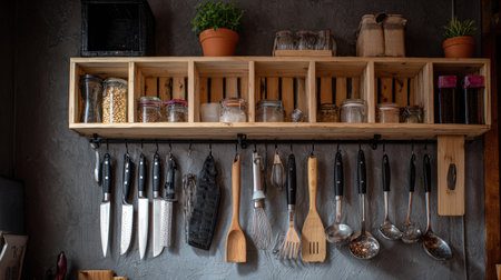 A beautifully arranged wooden kitchen shelf featuring various kitchen knives, cooking utensils, and jars filled with spices and herbs, accented by potted plants.の素材