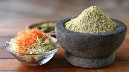 Explore the beauty of cooking with fresh shredded carrots, cabbage, and a fragrant spice blend presented in rustic containers. Perfect for healthy meals.の素材