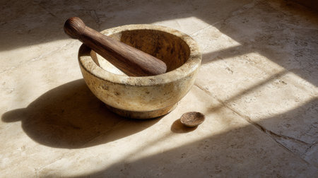 A rustic stone mortar stands with a wooden pestle, beautifully lit by soft sunlight, casting charming shadows on a textured surface, perfect for a culinary space.の素材