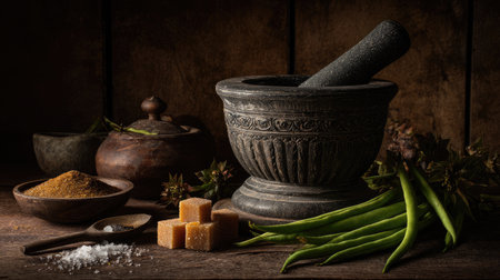 This evocative still life features a vintage mortar and pestle surrounded by natural herbs and spices, displaying a rustic kitchen scene with earthy tones.の素材