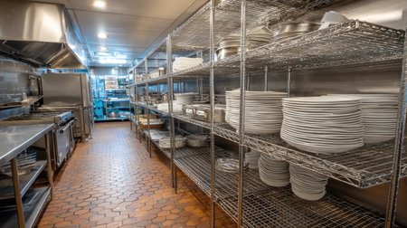 A well-organized commercial kitchen showcasing spacious storage racks, stainless steel appliances, and neatly arranged plates, ideal for professional chefs.の素材