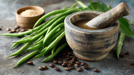 Capture the essence of culinary art with a traditional mortar and pestle showcasing fresh green beans, rich coffee beans, and brown sugar.の素材