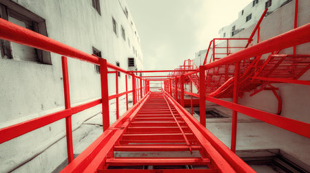 An abstract view of a bright red fire escape ladder extends upward against a muted building backdrop, showcasing urban architectural features and striking colors.の素材
