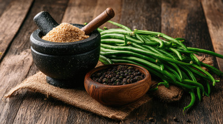 A rustic kitchen scene showcasing a wooden mortar and pestle filled with brown sugar, alongside black pepper and fresh green beans on a wooden table.の素材