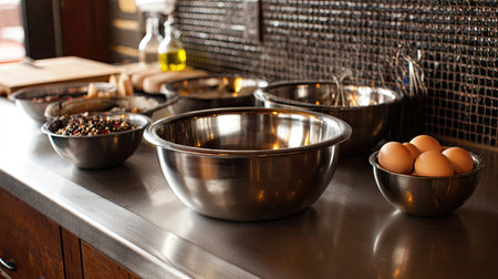 A bright and modern kitchen workspace showcasing stainless steel bowls filled with fresh cooking ingredients, including eggs. Perfect for culinary creation.の素材